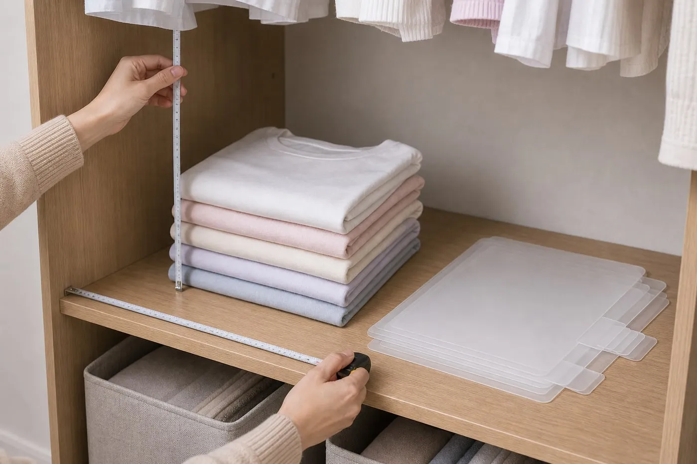 A hand measuring a wardrobe shelf while translucent plastic stacking boards and folded T-shirts sit nearby