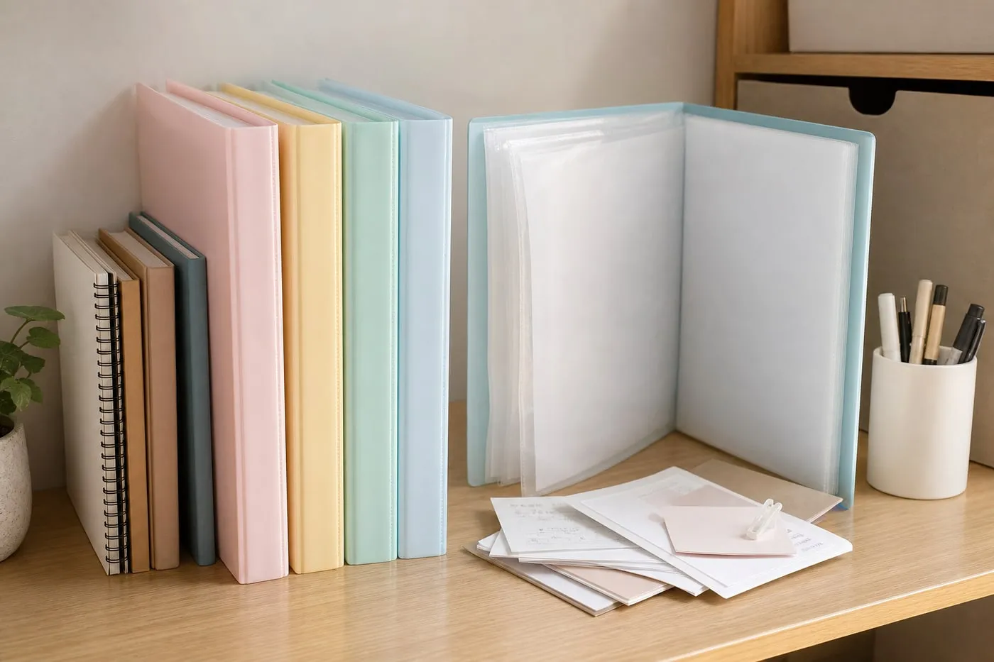 Pastel A4 pocket folders standing on a desk shelf with one open folder holding blank papers