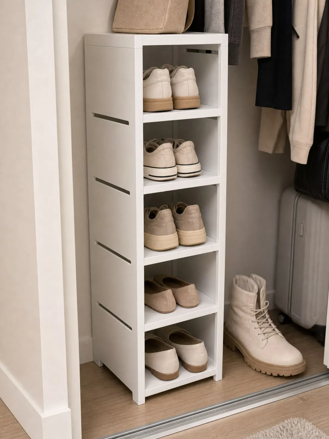 A white narrow shoe rack holding low-top shoes while an ankle boot sits beside it for shelf-spacing comparison