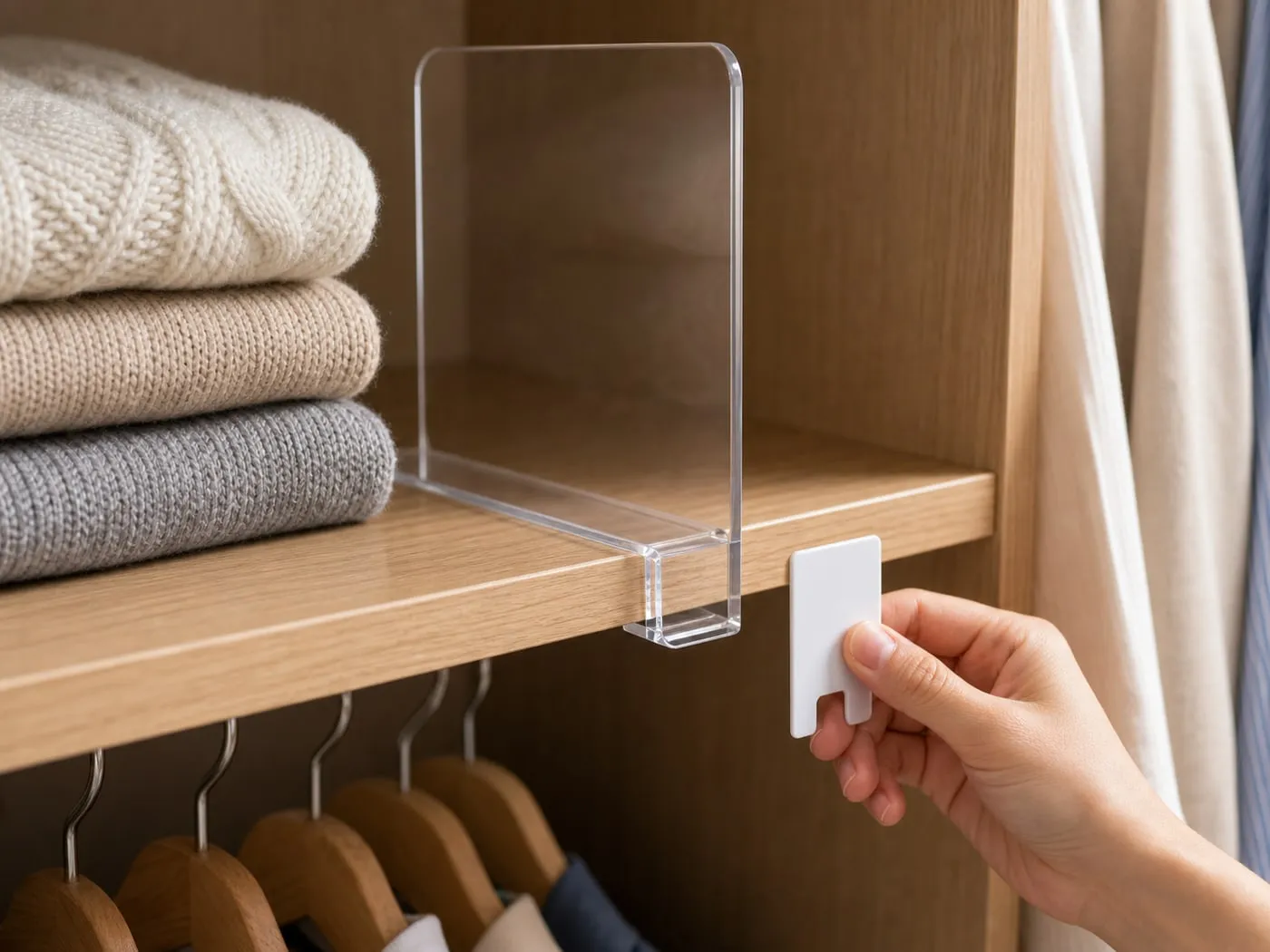 A clear shelf divider beside a wooden shelf edge while thickness is checked with a blank gauge