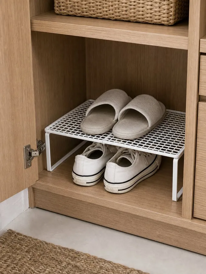 A white adjustable shelf riser splitting a shoe-cabinet cubby into two light layers with low sneakers and slippers