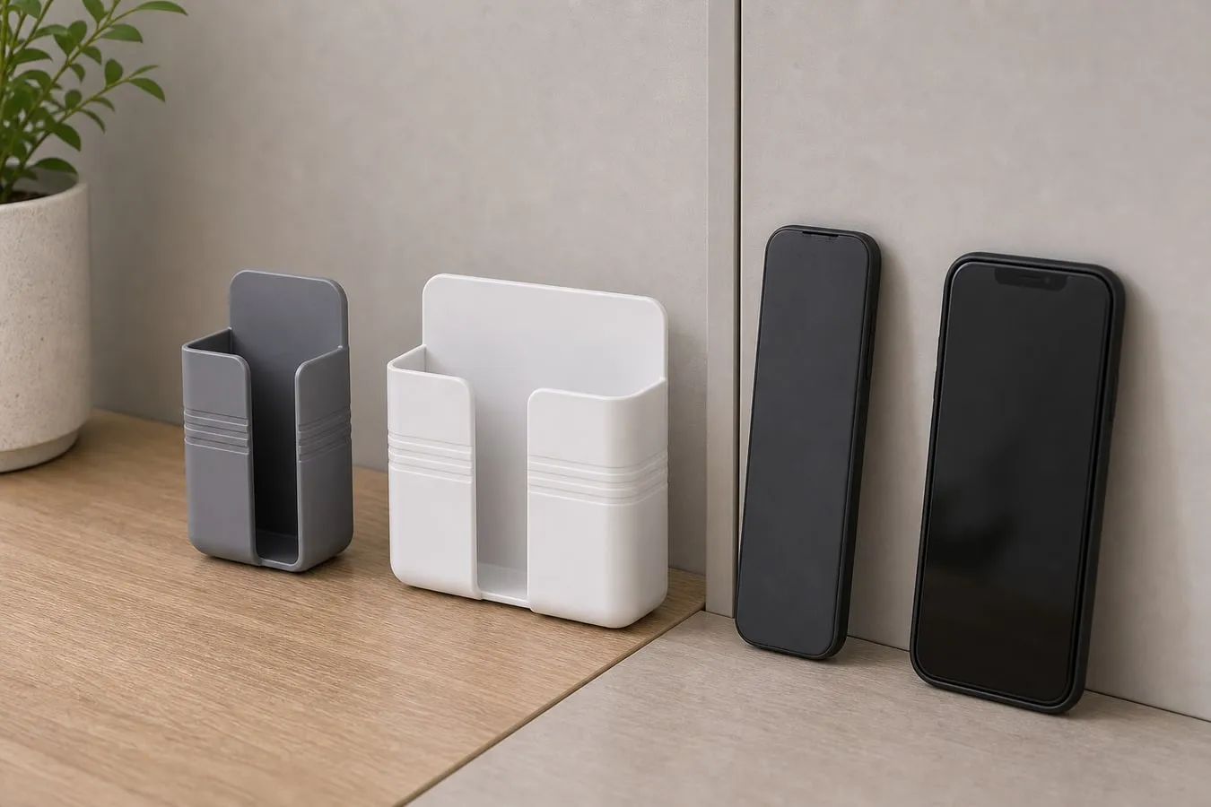 A gray single wall holder and a white double wall holder shown beside a smooth side panel with blank phones nearby for scale