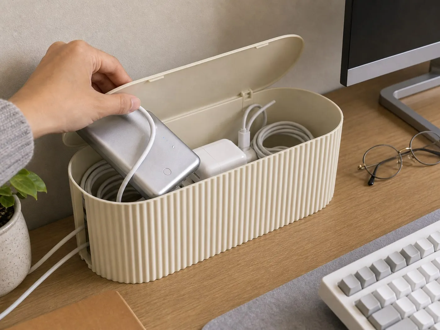 A cream ribbed cable organizer box with the lid open while compact adapters and cable loops are checked for height