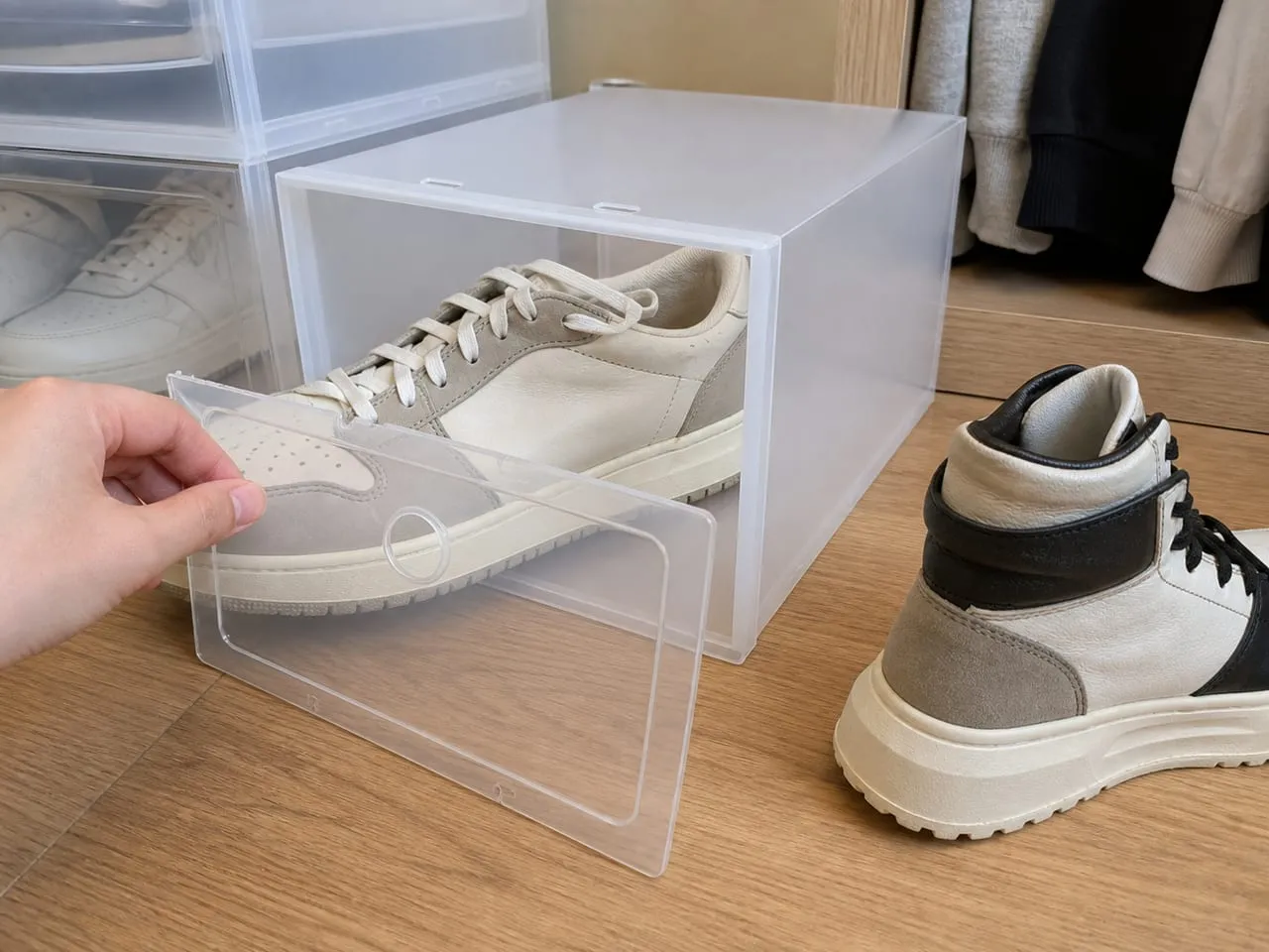Checking whether a low-top sneaker fits inside the front-door shoe box