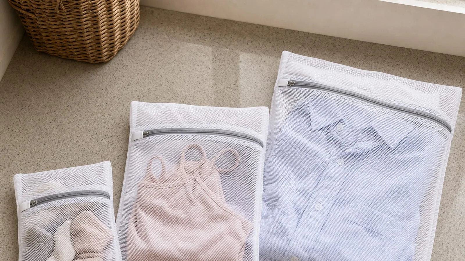 Three different white mesh laundry bags sorted by socks, strappy garment, and light shirt