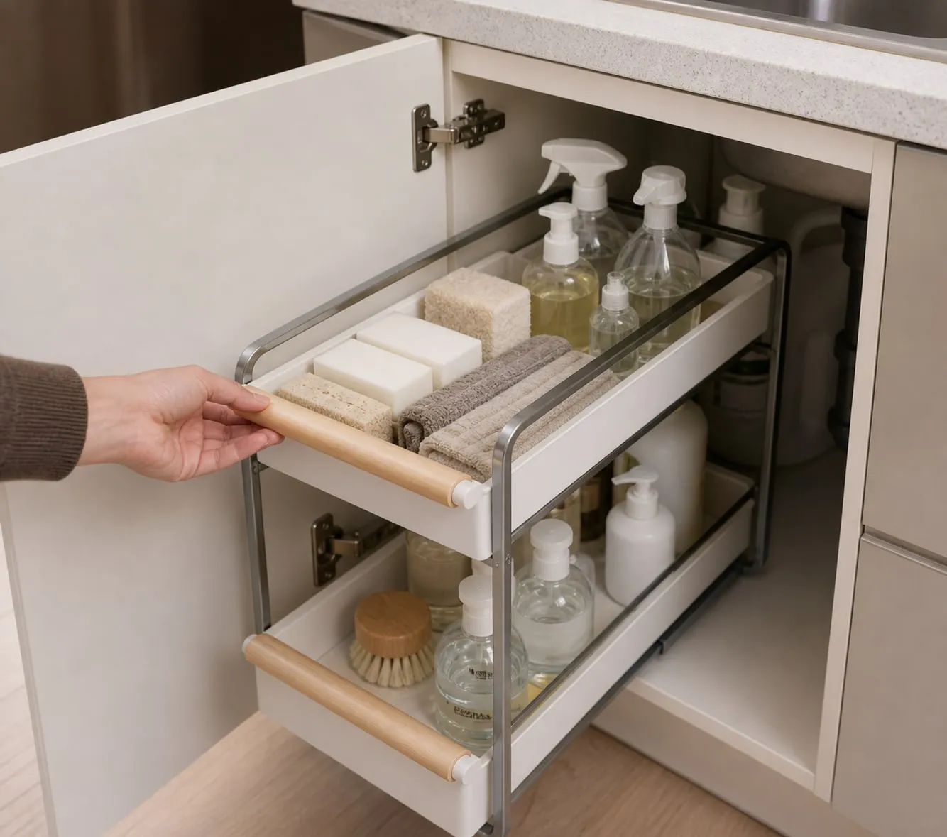 A hand pulling a white sliding cabinet organizer forward with small bottles and sponge packs arranged in the trays