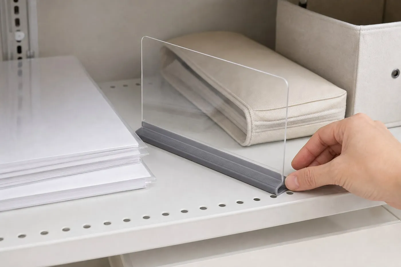 A hand gently nudging a transparent magnetic divider on a metal shelf to check whether the base slides
