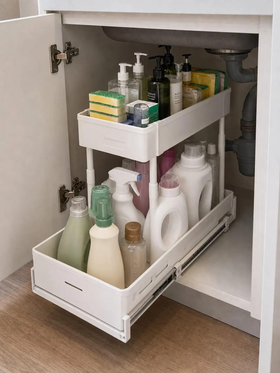 A white two-tier pull-out organizer sliding forward inside an under-sink cabinet