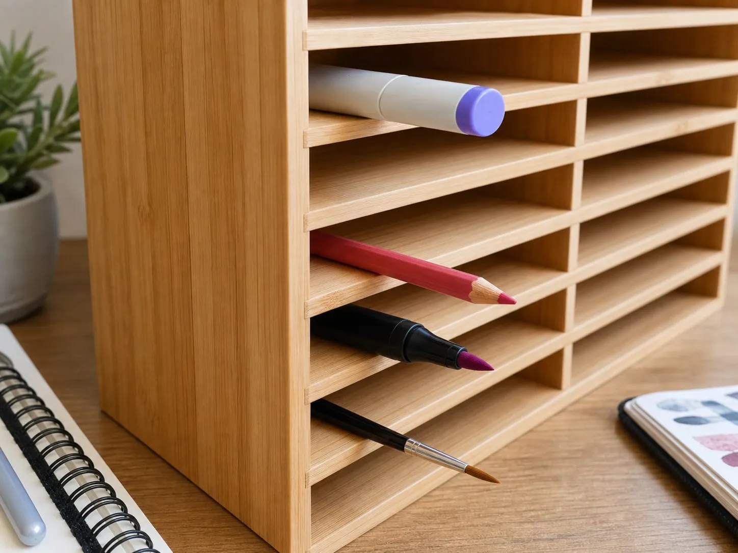 Different marker, pencil, brush pen, and paintbrush sizes being checked against the horizontal cubbies of a bamboo marker rack
