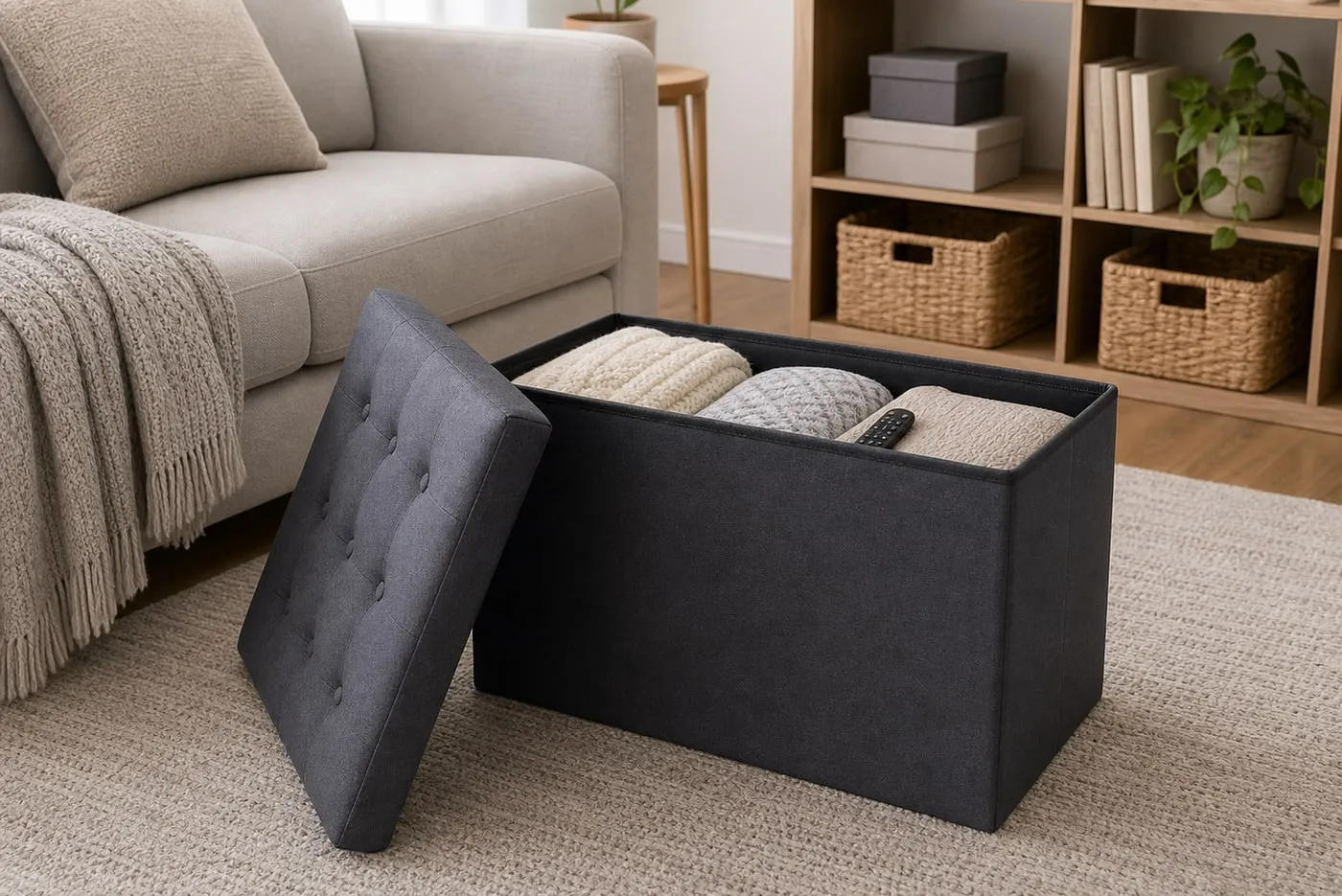 An open dark gray storage ottoman beside a sofa with soft blankets and cushion covers inside, while harder bulky items stay outside the box