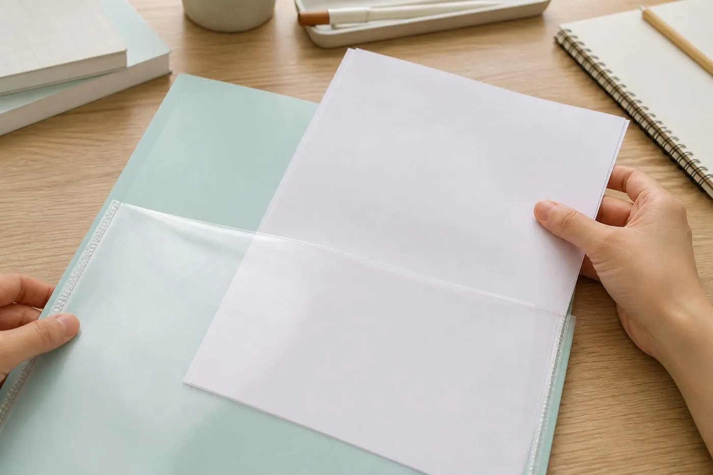 Hands sliding blank A4 papers into the transparent pocket of a mint A4 insert-pocket folder