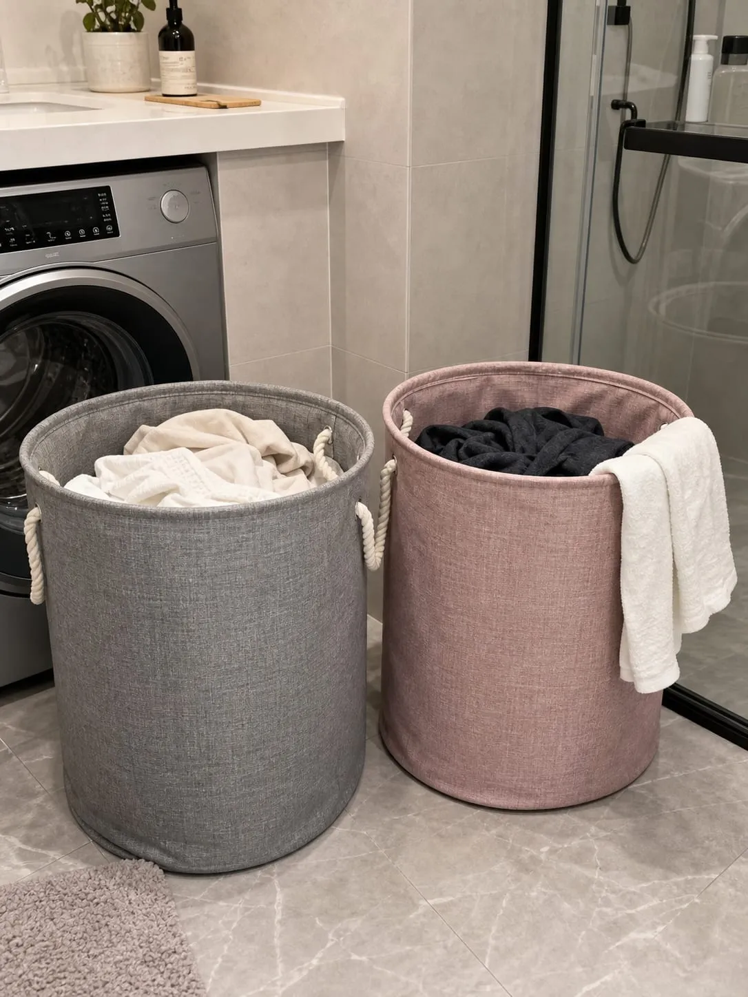 Two foldable laundry hampers used to separate light and dark clothes