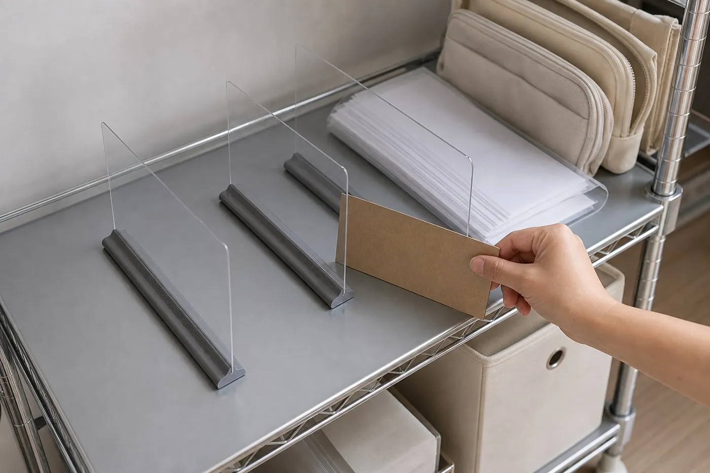 Transparent magnetic shelf dividers being spaced on a metal shelf with an unmarked cardboard spacer