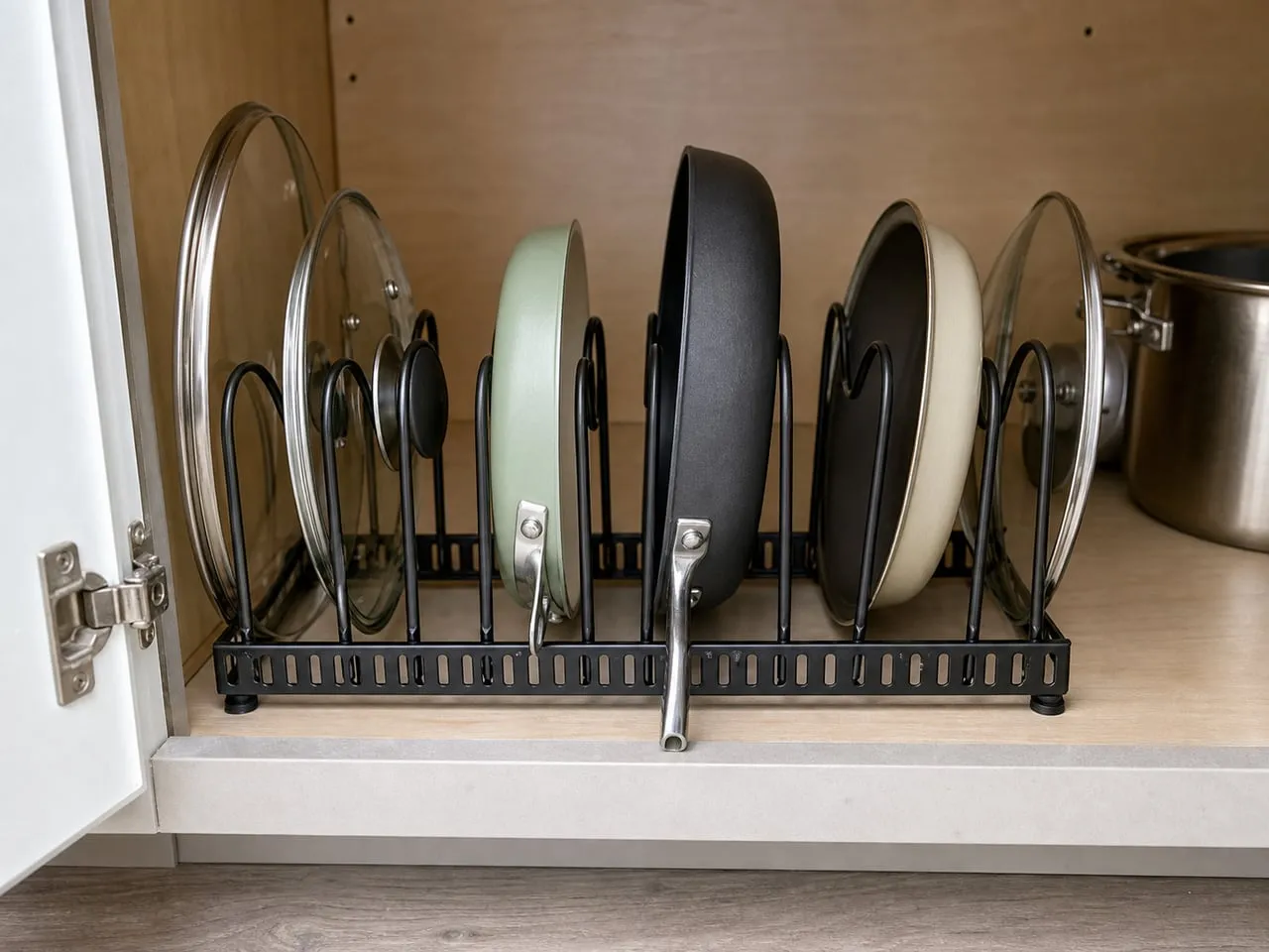 A black rack loaded evenly with pans and lids inside a cabinet