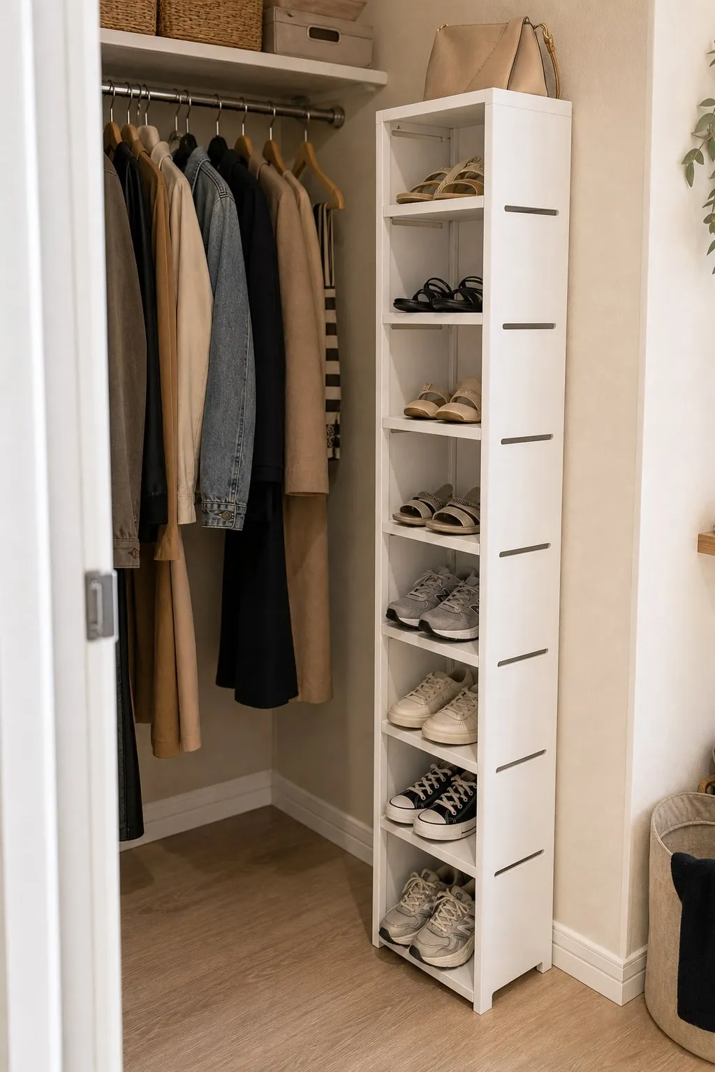 A taller narrow shoe rack against a closet side wall with sneakers on lower shelves and lighter sandals higher up