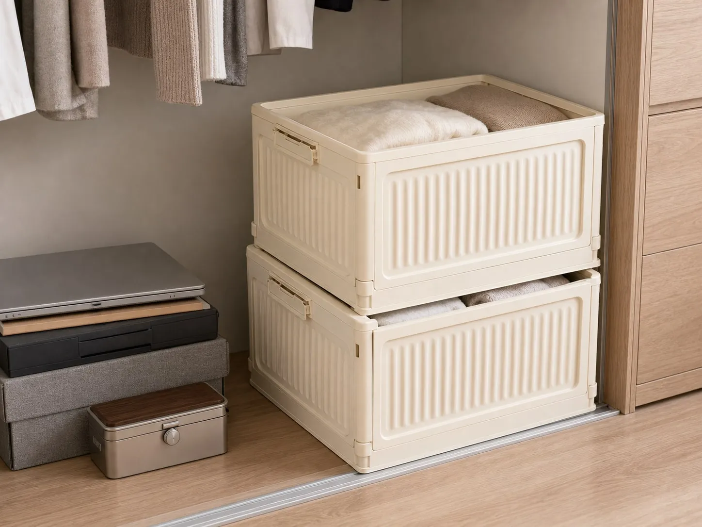 Two cream folding storage boxes stacked low with hard heavy items kept outside on the floor