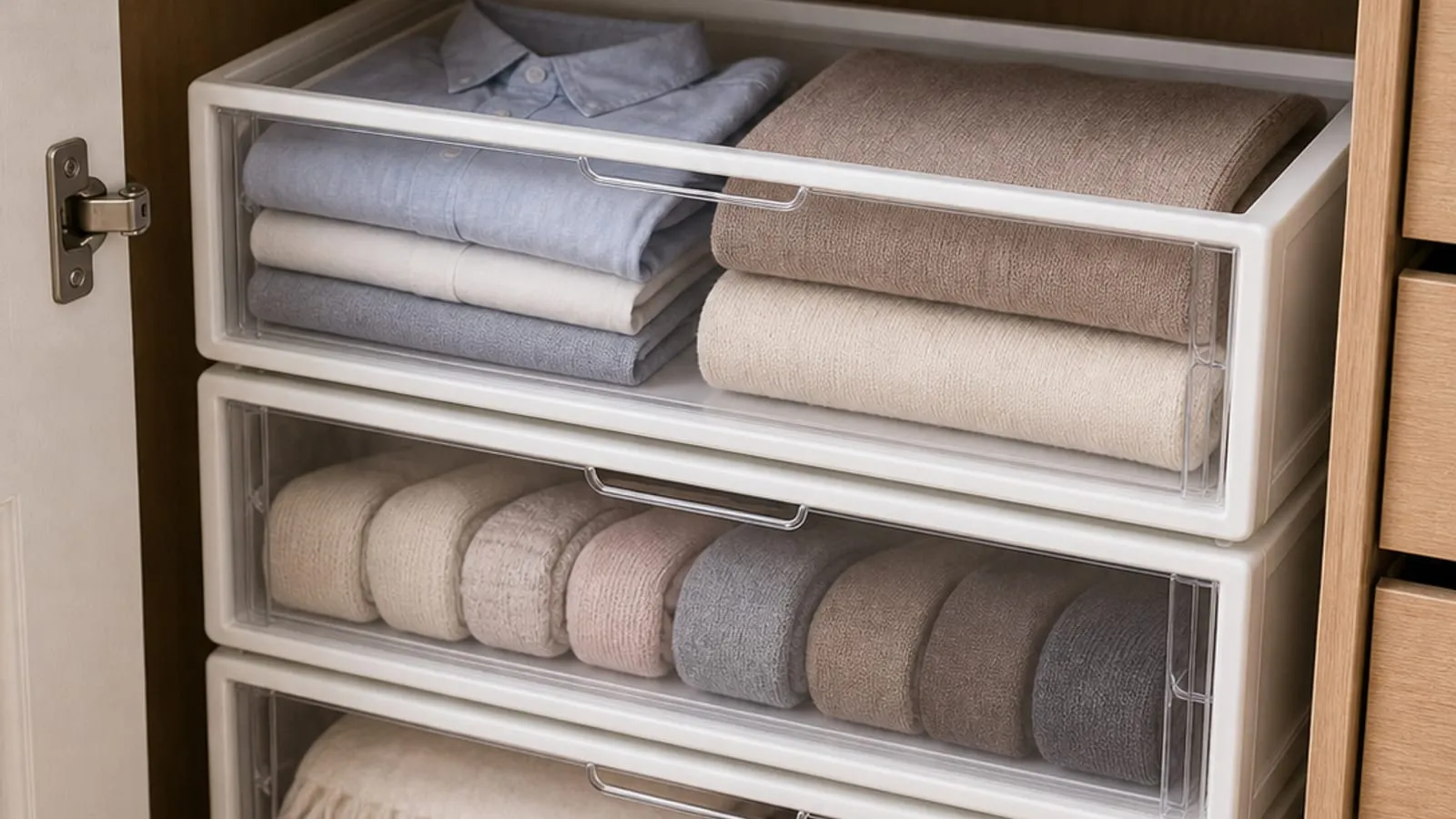 Stackable pull-out wardrobe baskets with clear front panels holding folded clothes, socks, and scarves