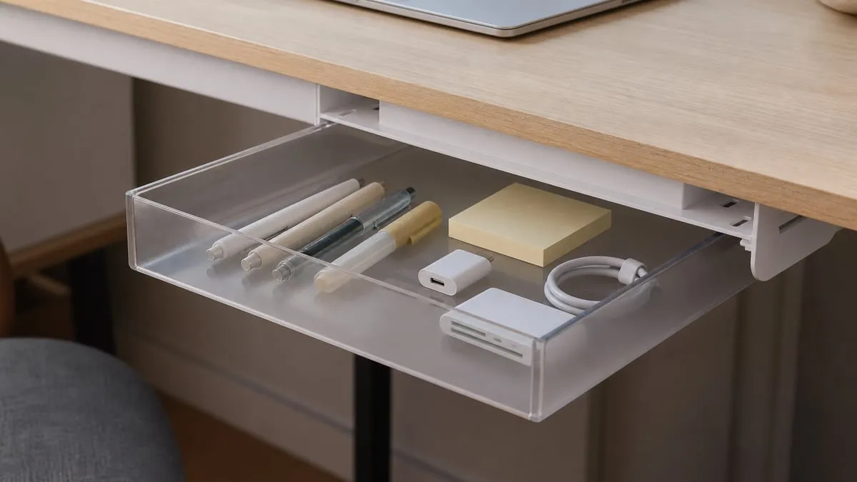 Light stationery and small adapters inside the translucent drawer
