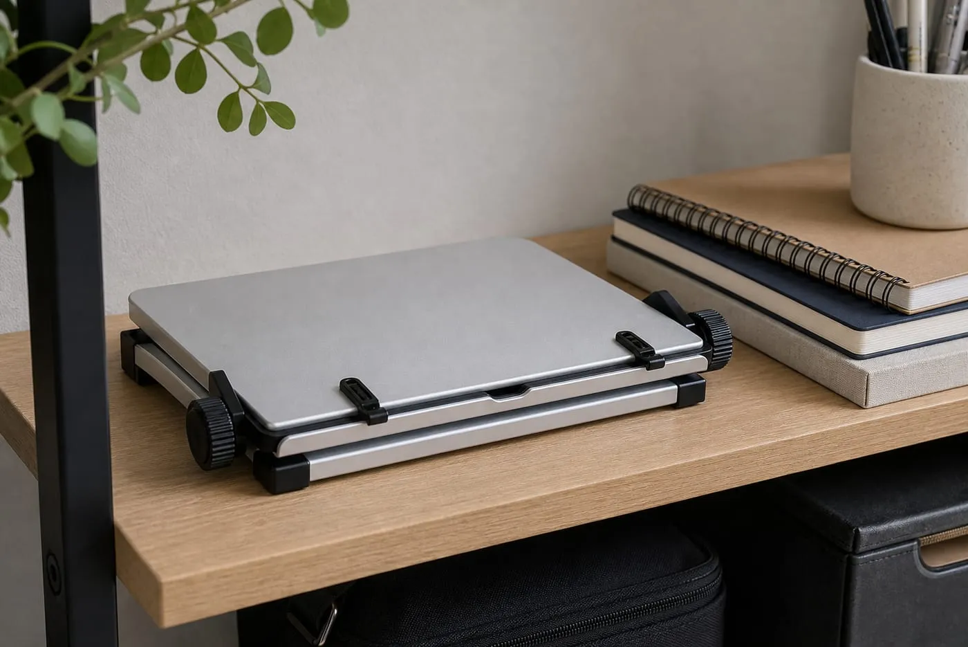 A silver adjustable book stand folded flatter and stored beside notebooks on a desk shelf, with page clips and side knobs visible