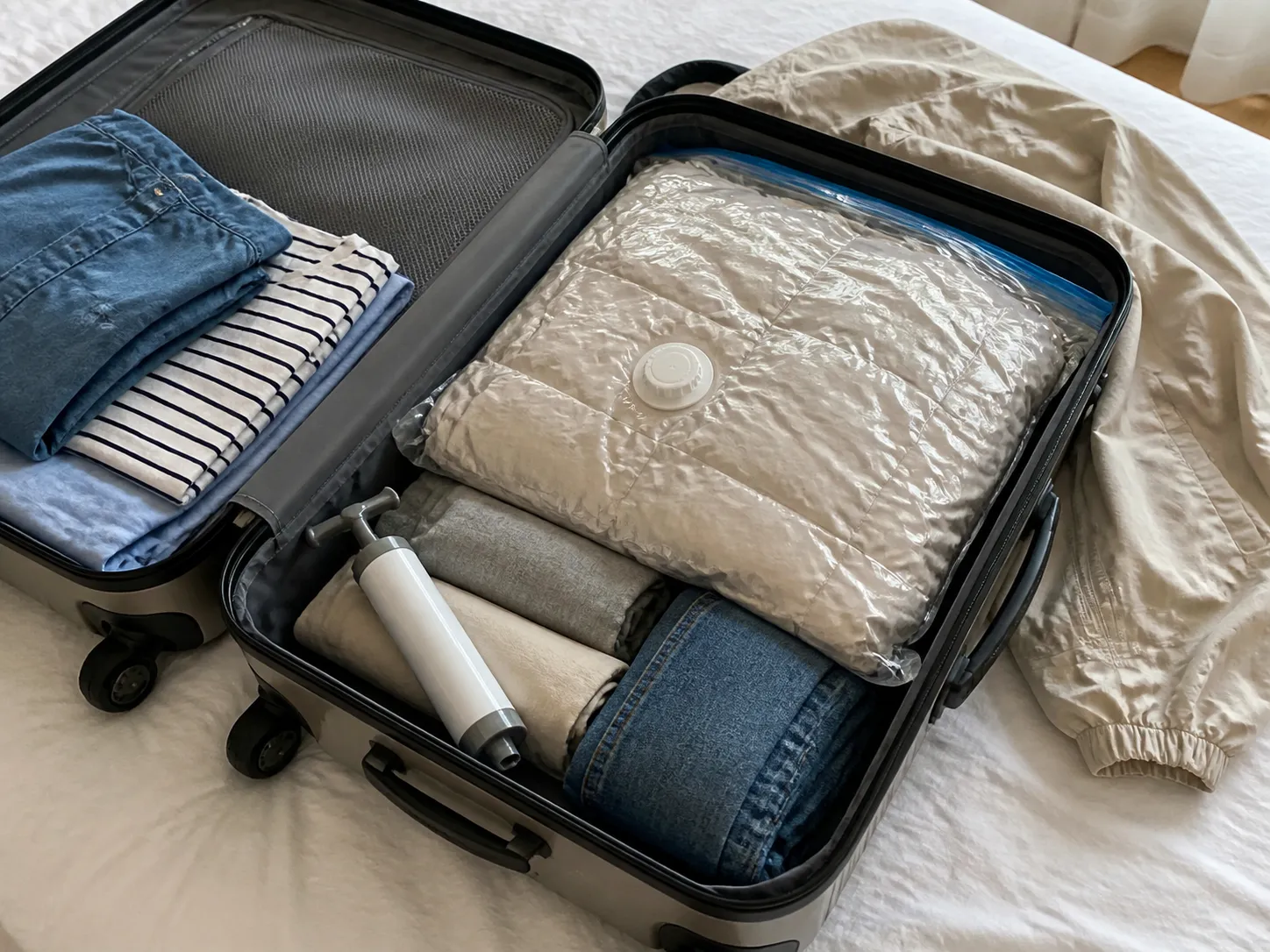 Vacuum compression bag in a suitcase