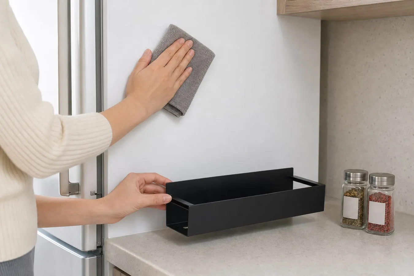 A person wiping the side of a white refrigerator before attaching a black magnetic spice rack
