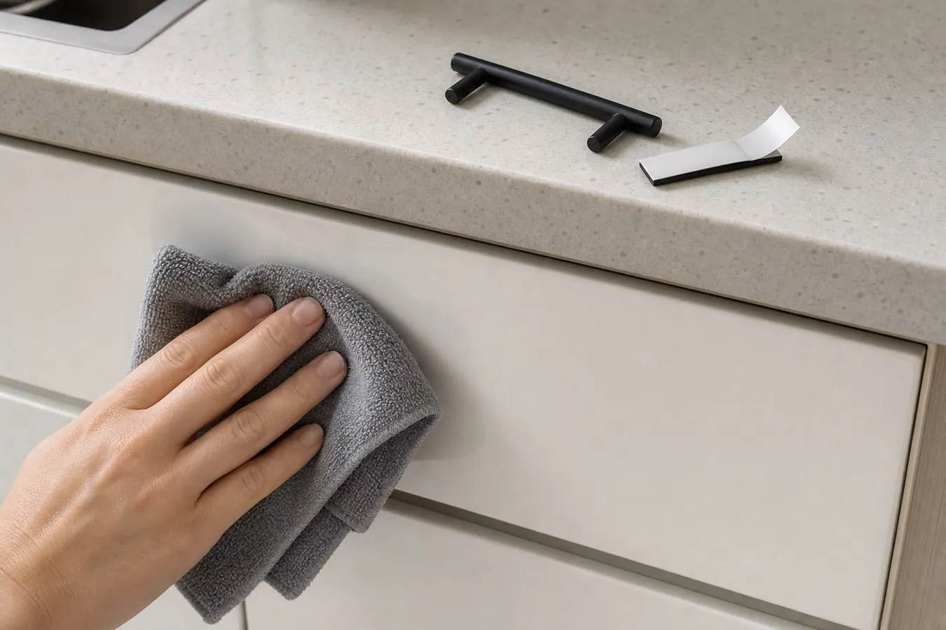 A hand wiping a smooth drawer front with a dry cloth while an adhesive pull handle and peel-off backing sit nearby