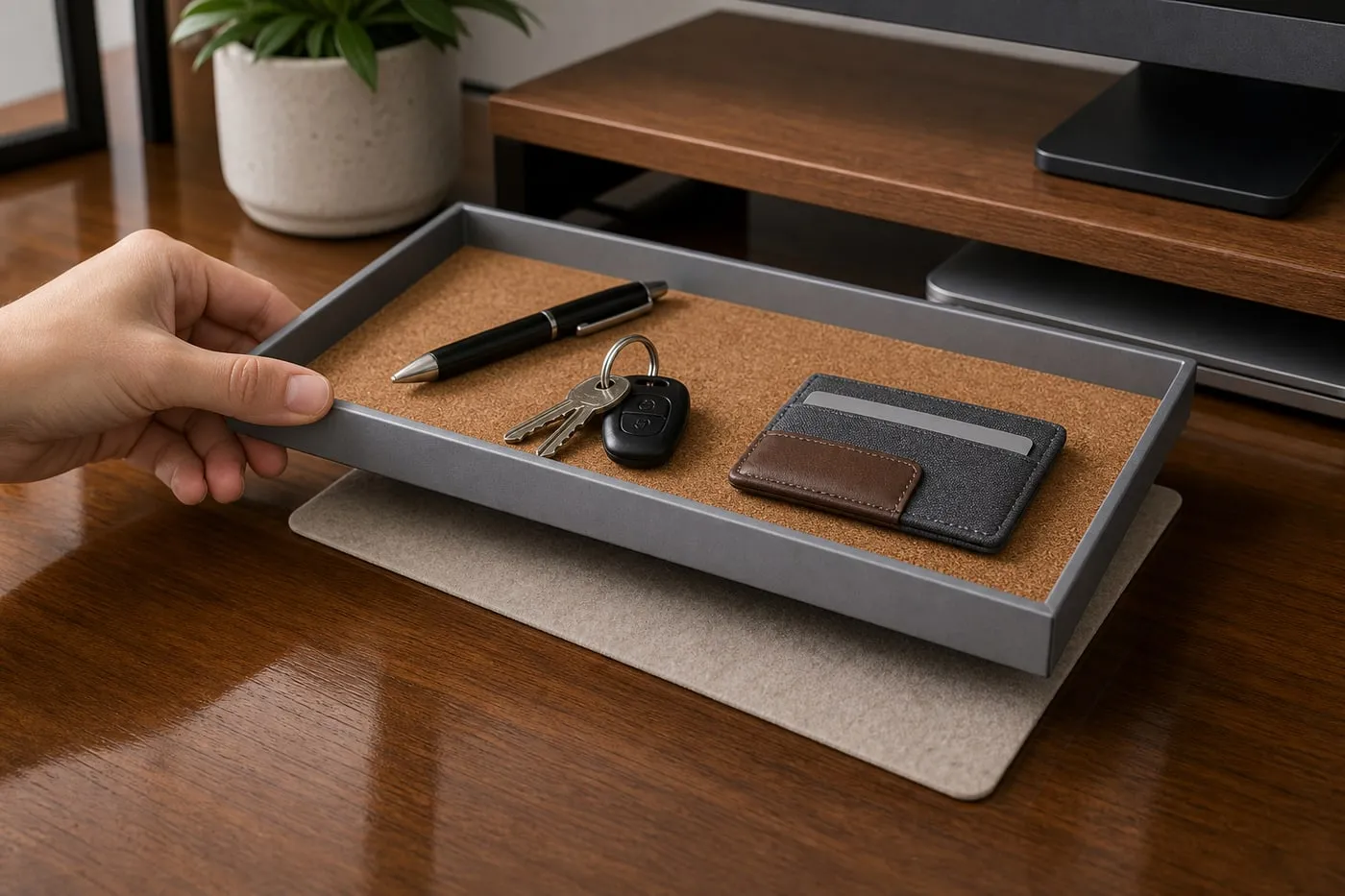 A hand lifting a gray aluminum and cork tray slightly to show a thin mat under it on a glossy wooden table
