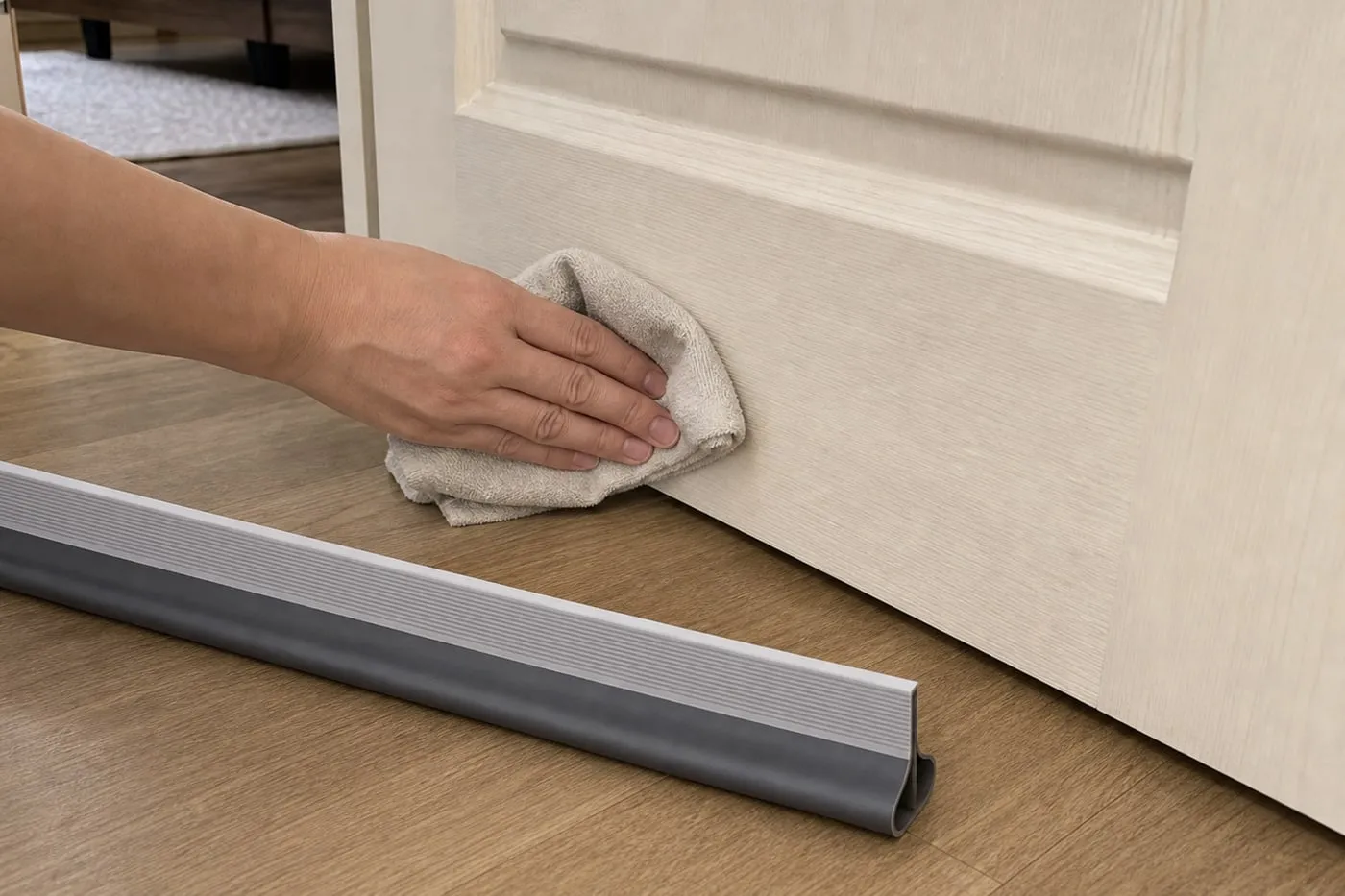 A hand wiping the lower part of an interior door before installing a grey door-bottom strip