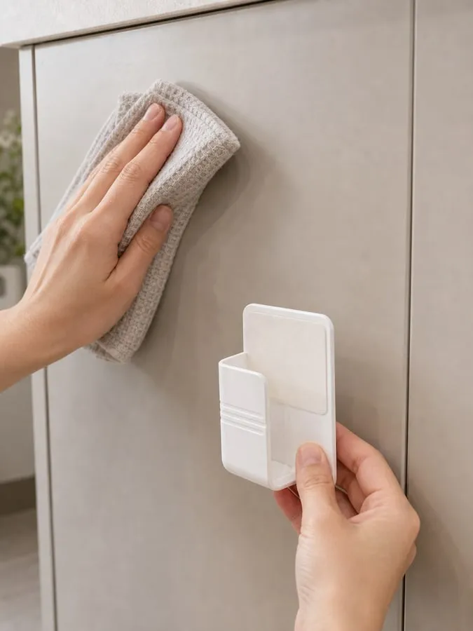 A hand wiping a smooth cabinet side with a dry cloth while a small white plastic wall holder is held nearby before mounting
