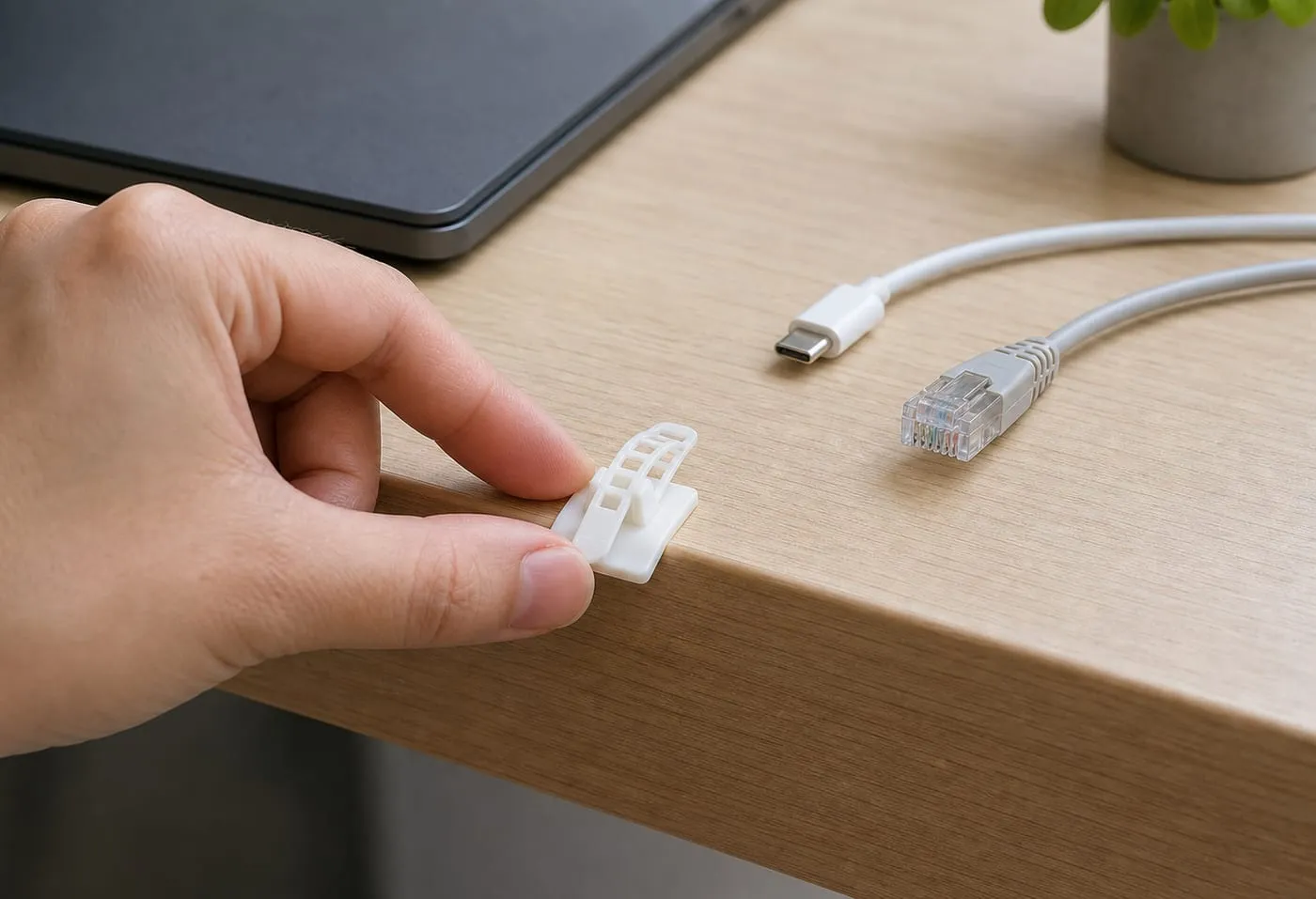 A hand placing a white strap-style adhesive cable clip near the edge of a desk, with a USB cable and Ethernet cable nearby