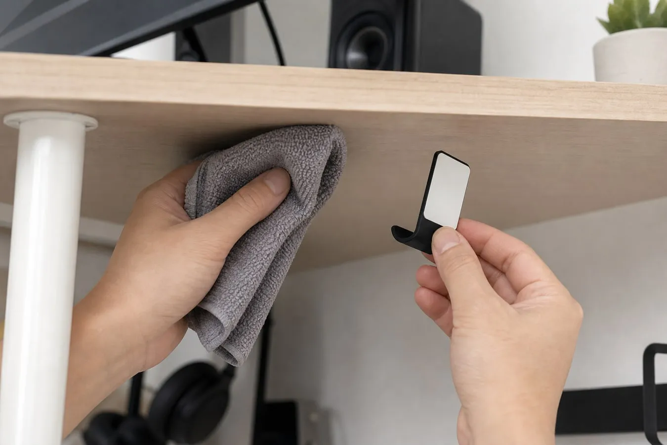 A smooth desk underside being wiped with a cloth while a small adhesive headphone hook is held nearby