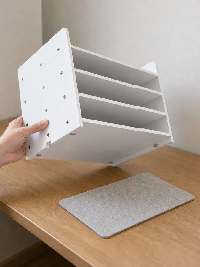 A white paper tray slightly lifted at one corner while a thin protective pad sits nearby on a dry desk