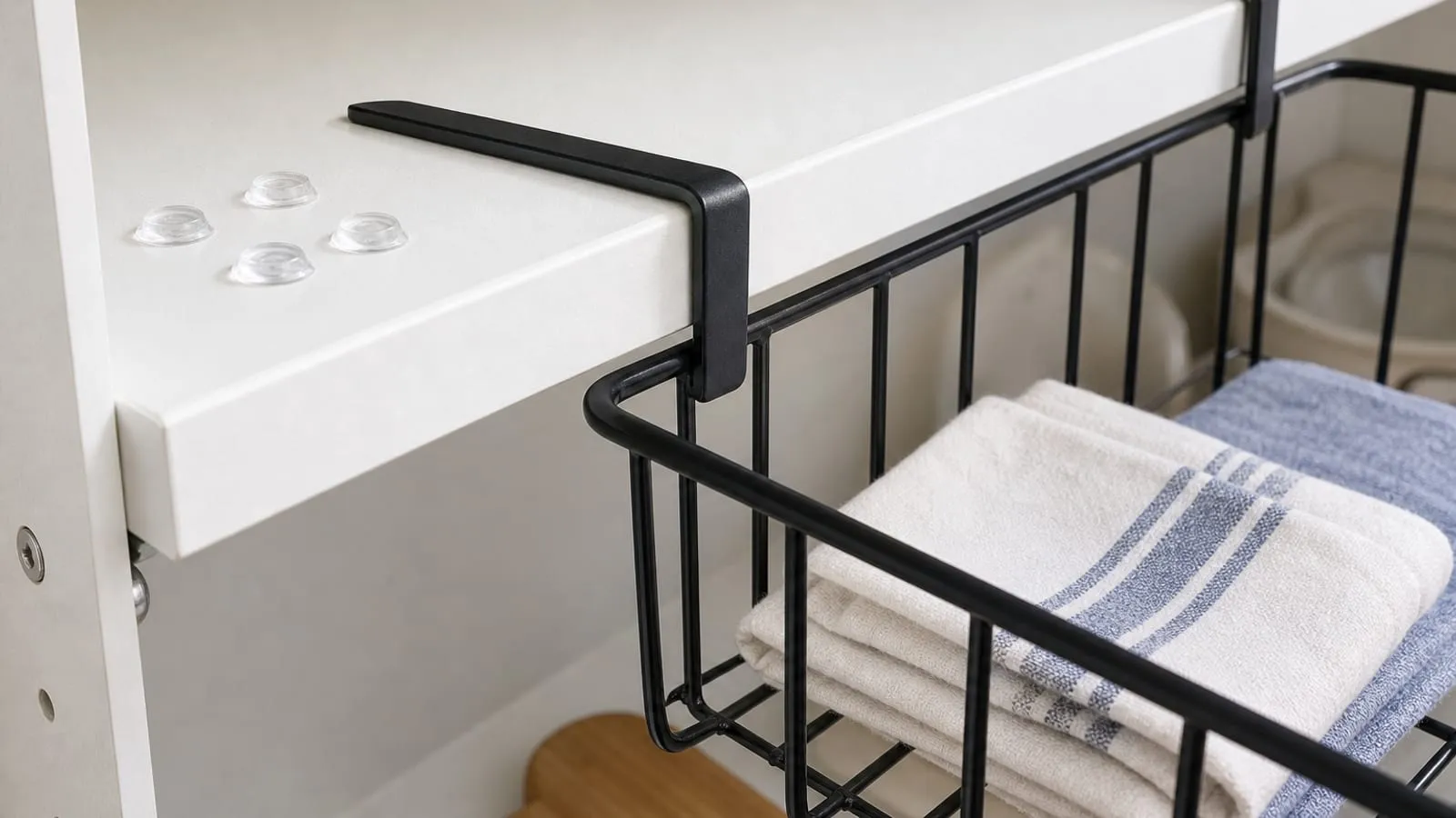 A close view of black basket arms touching a white shelf edge with clear protective pads nearby