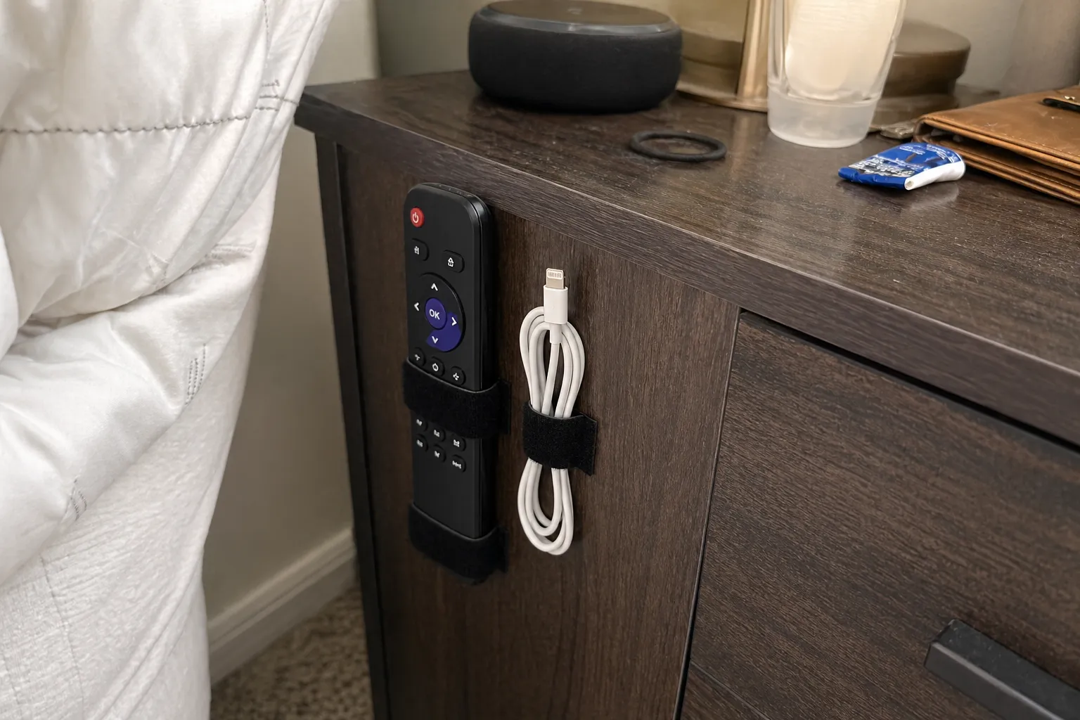 침대 옆 리모컨과 케이블 정리