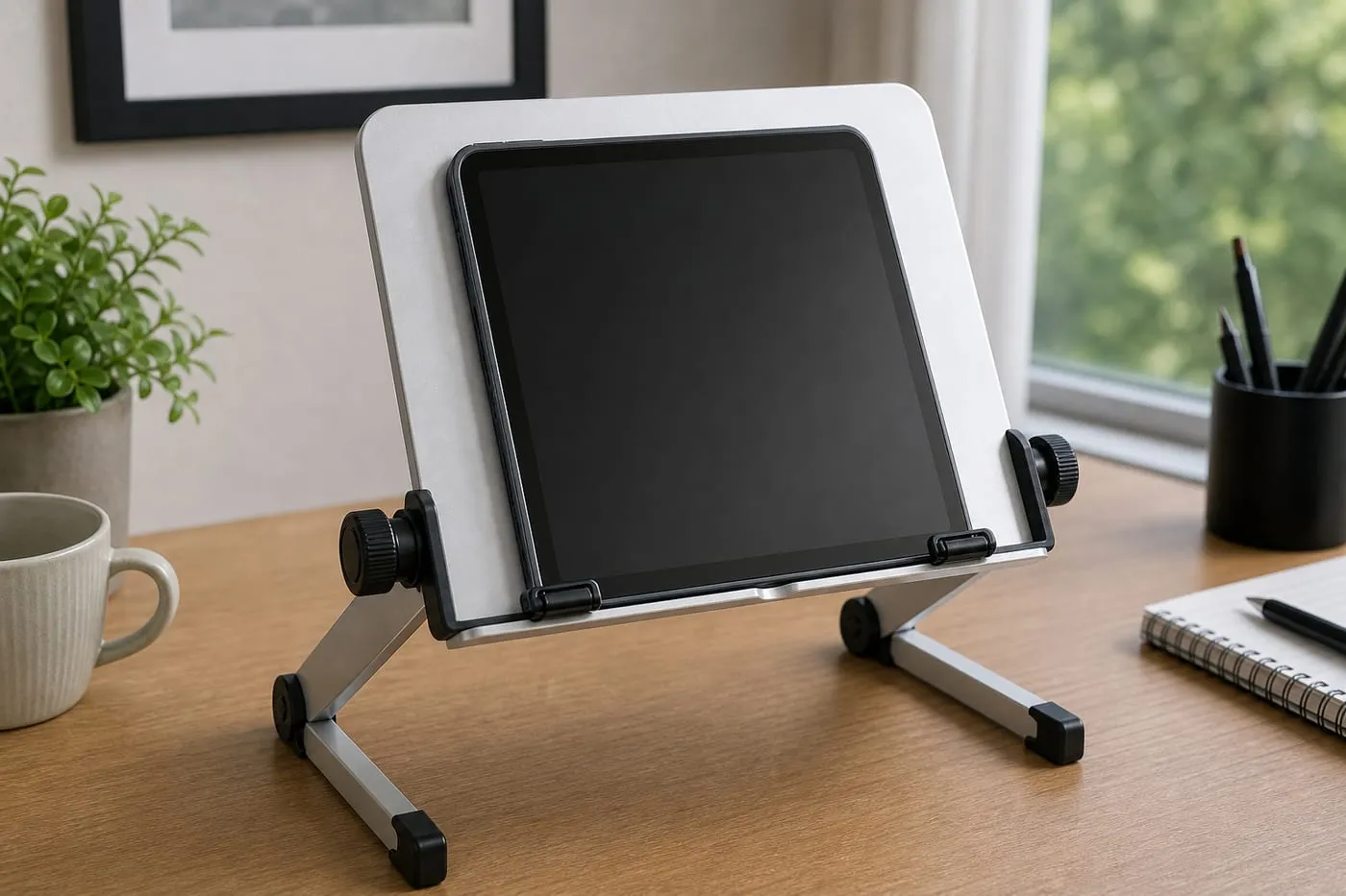 A slim tablet with a blank dark screen resting on a silver adjustable book stand, with the lower ledge, side knobs, and fold-out feet visible