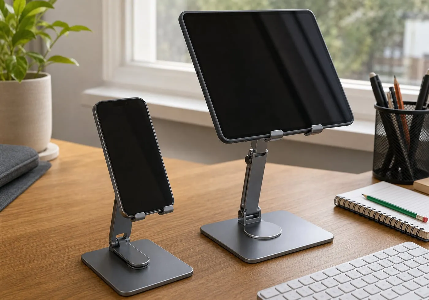 A compact phone stand and a taller rotating tablet stand sitting side by side on a desk