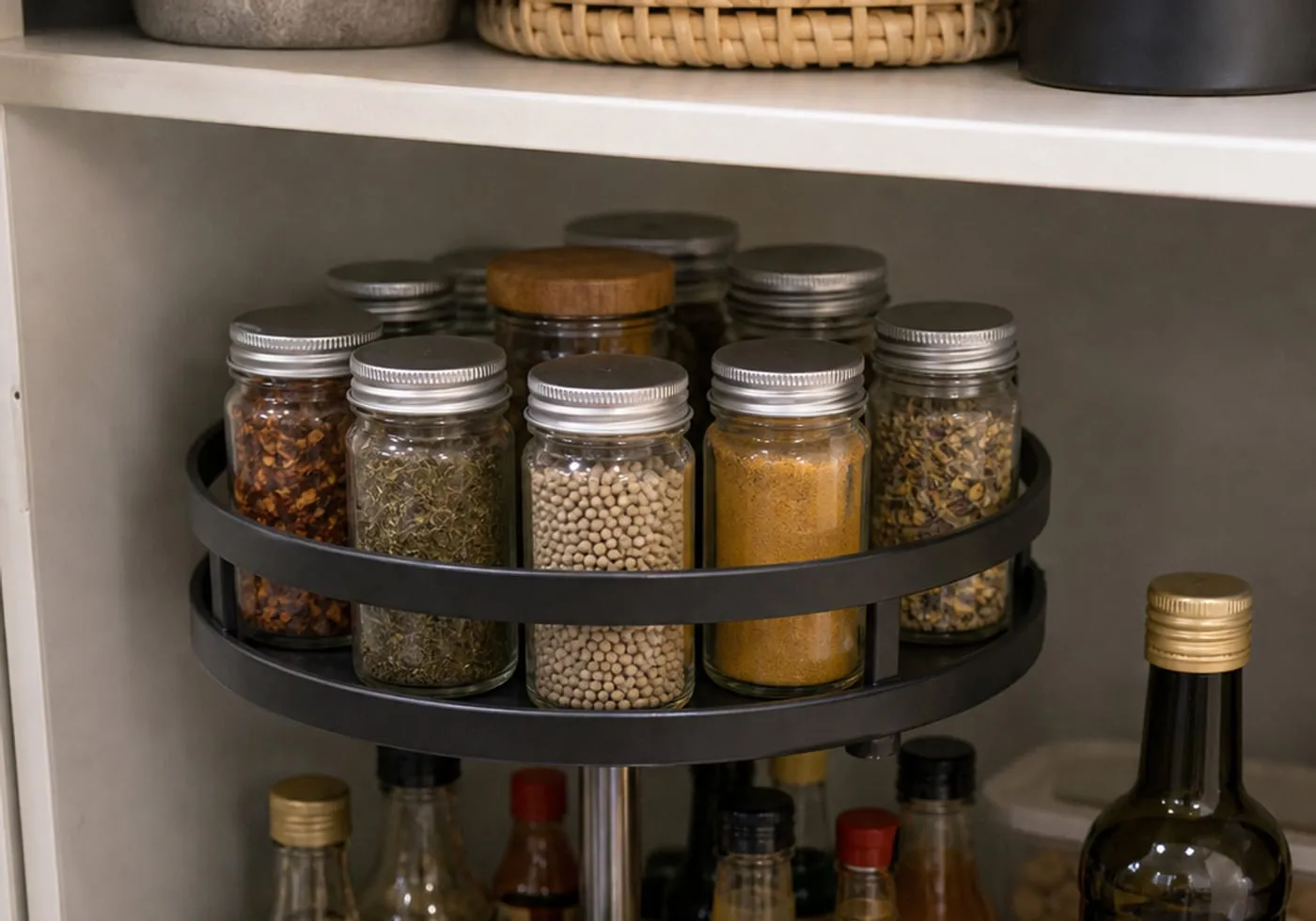 A multi-tier rotating organizer with closed jars on the lower area and a taller bottle set aside on the shelf