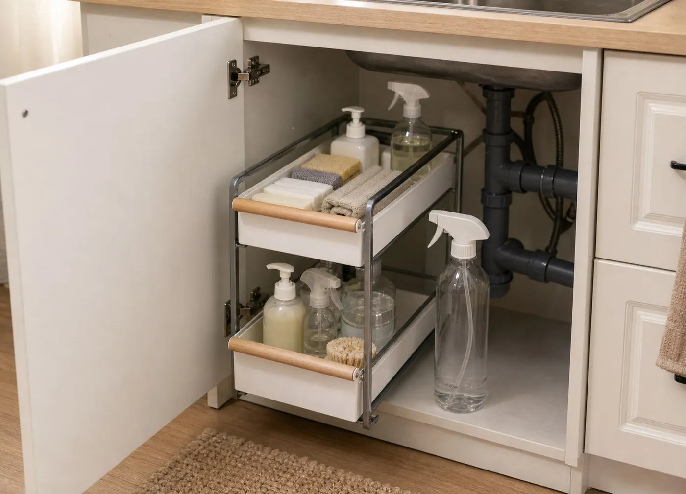 A white pull-out organizer holding shorter bottles and sponge packs while a taller spray bottle sits outside for height checking