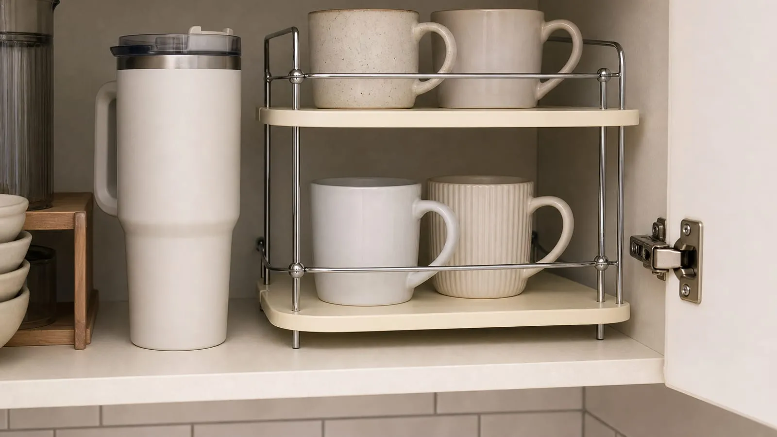 Tall travel tumbler placed beside a two-tier cup shelf rack while regular mugs sit inside the rack