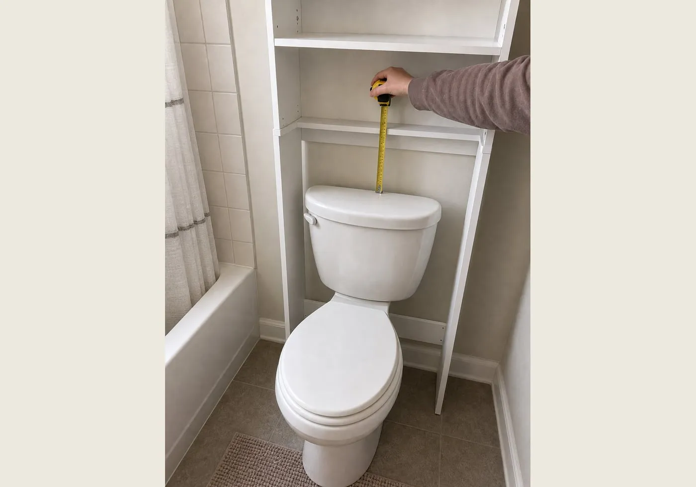 A bathroom scene with a tape measure checking clearance between a toilet tank and the legs of a white over-toilet cabinet