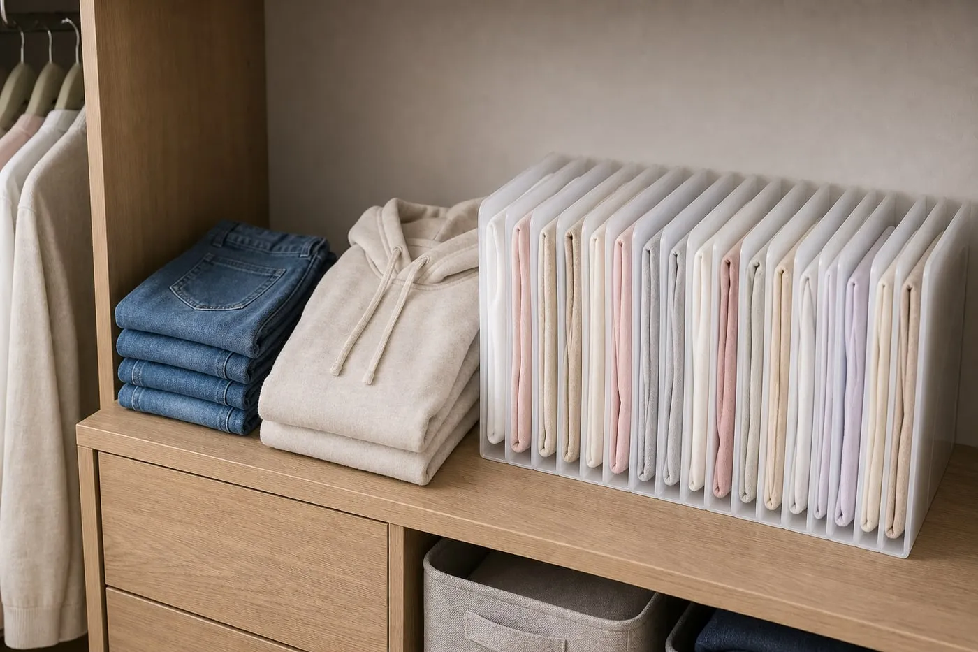 A closet shelf where translucent plastic stacking boards hold thin shirts while a hoodie and folded denim pants sit separately nearby