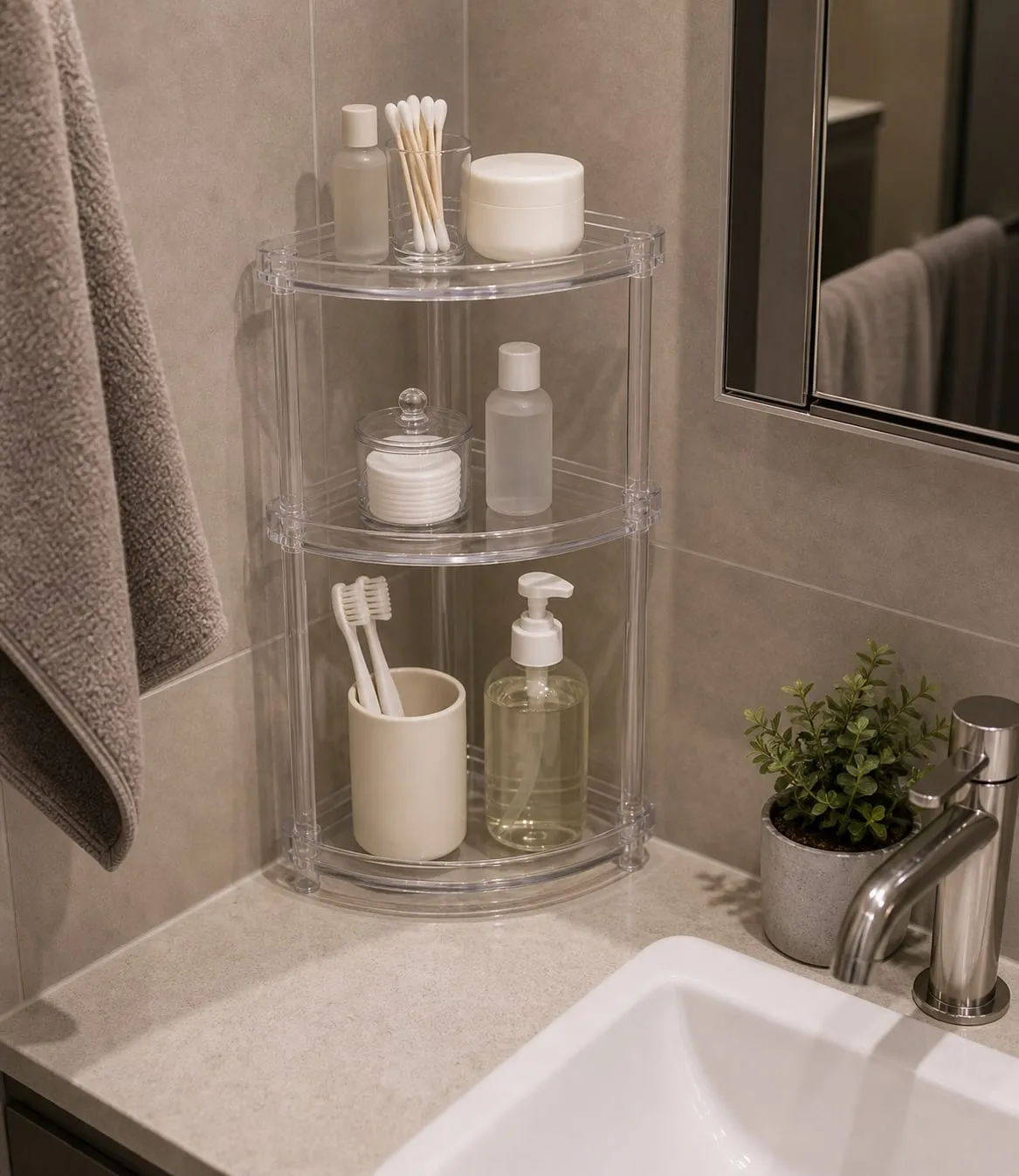 A taller clear acrylic three-tier corner shelf on a bathroom vanity with small items and visible mirror cabinet clearance