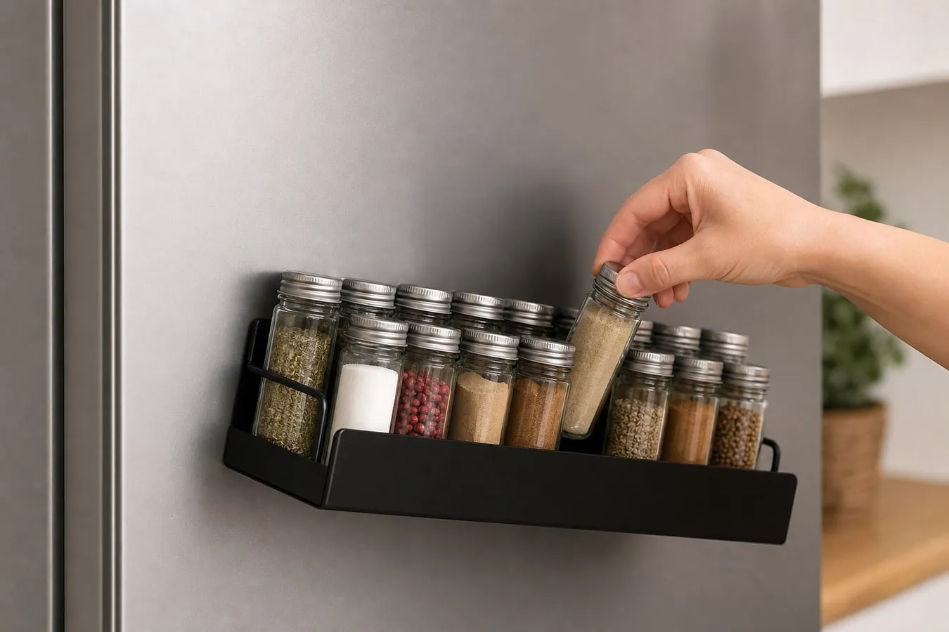 A black magnetic rack slightly tilting while a hand removes one small jar to reduce the load