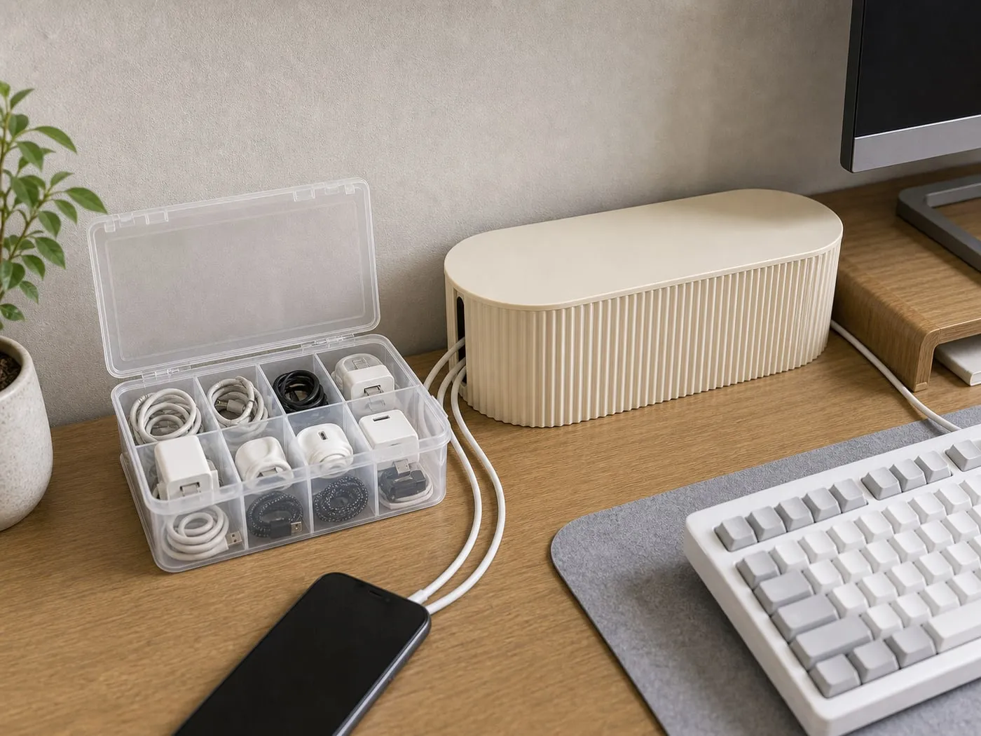 A clear compartment cable storage box with spare cables beside a separate cream ribbed lidded cable box on a desk