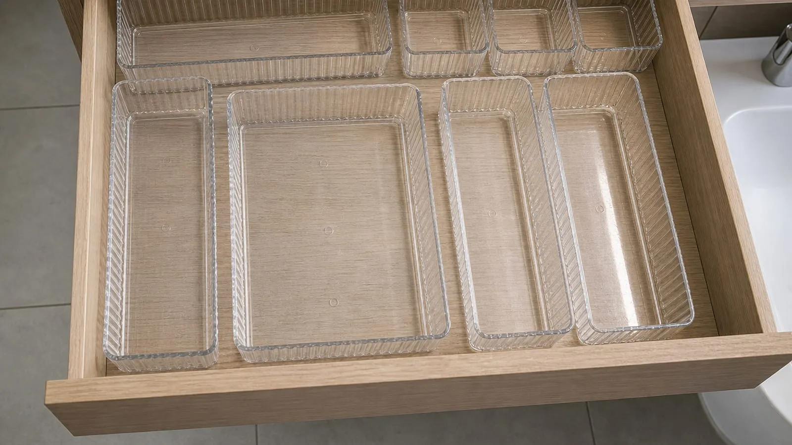 Empty clear ribbed trays arranged in a vanity drawer with small finger gaps between them