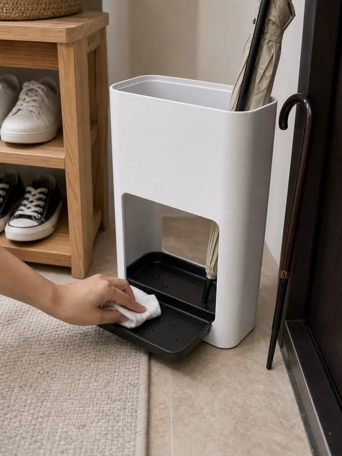 A black lower tray partly pulled out from a white umbrella stand while a hand wipes it with a cloth