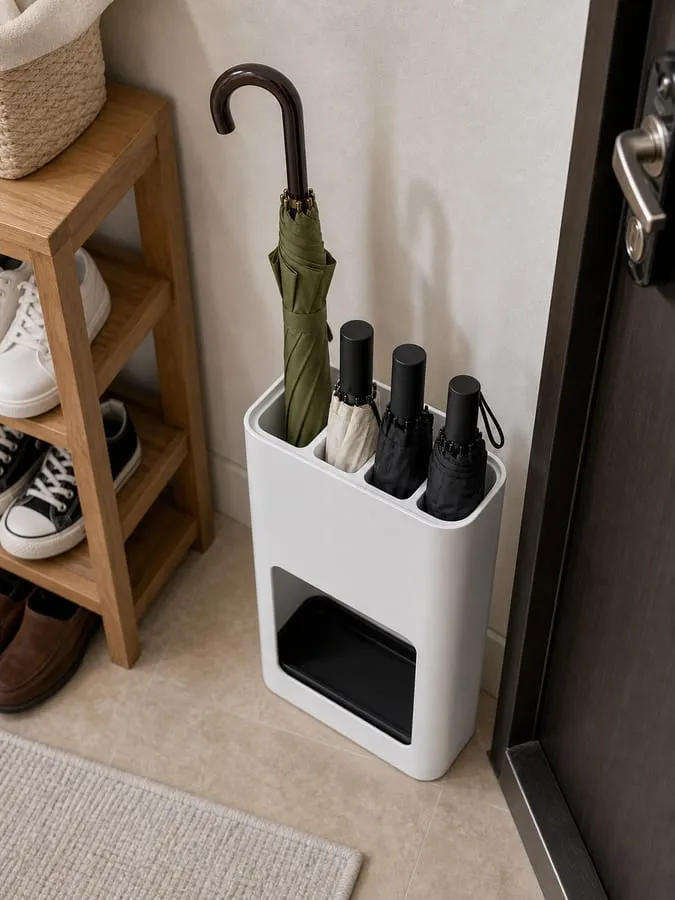 Top-down view of a white umbrella stand holding one long umbrella and several folding umbrellas, with top openings and the lower black tray visible