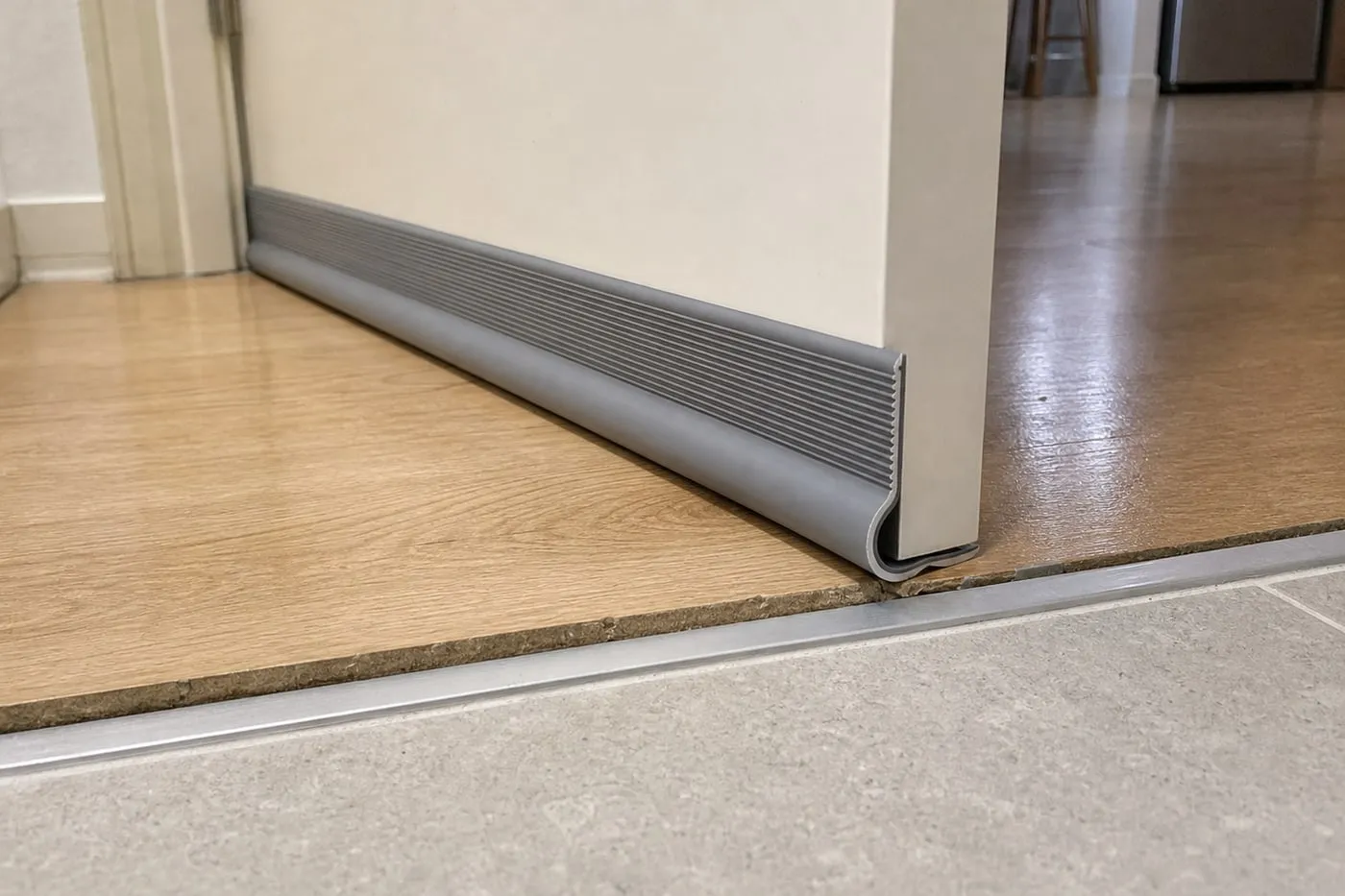 A grey door-bottom strip installed across a doorway where wood flooring meets a slightly raised tile threshold