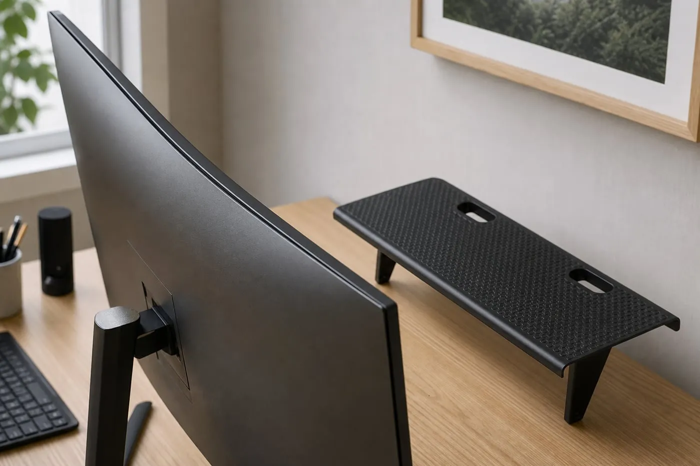 Screen-top shelf placed beside a thin curved monitor instead of mounted