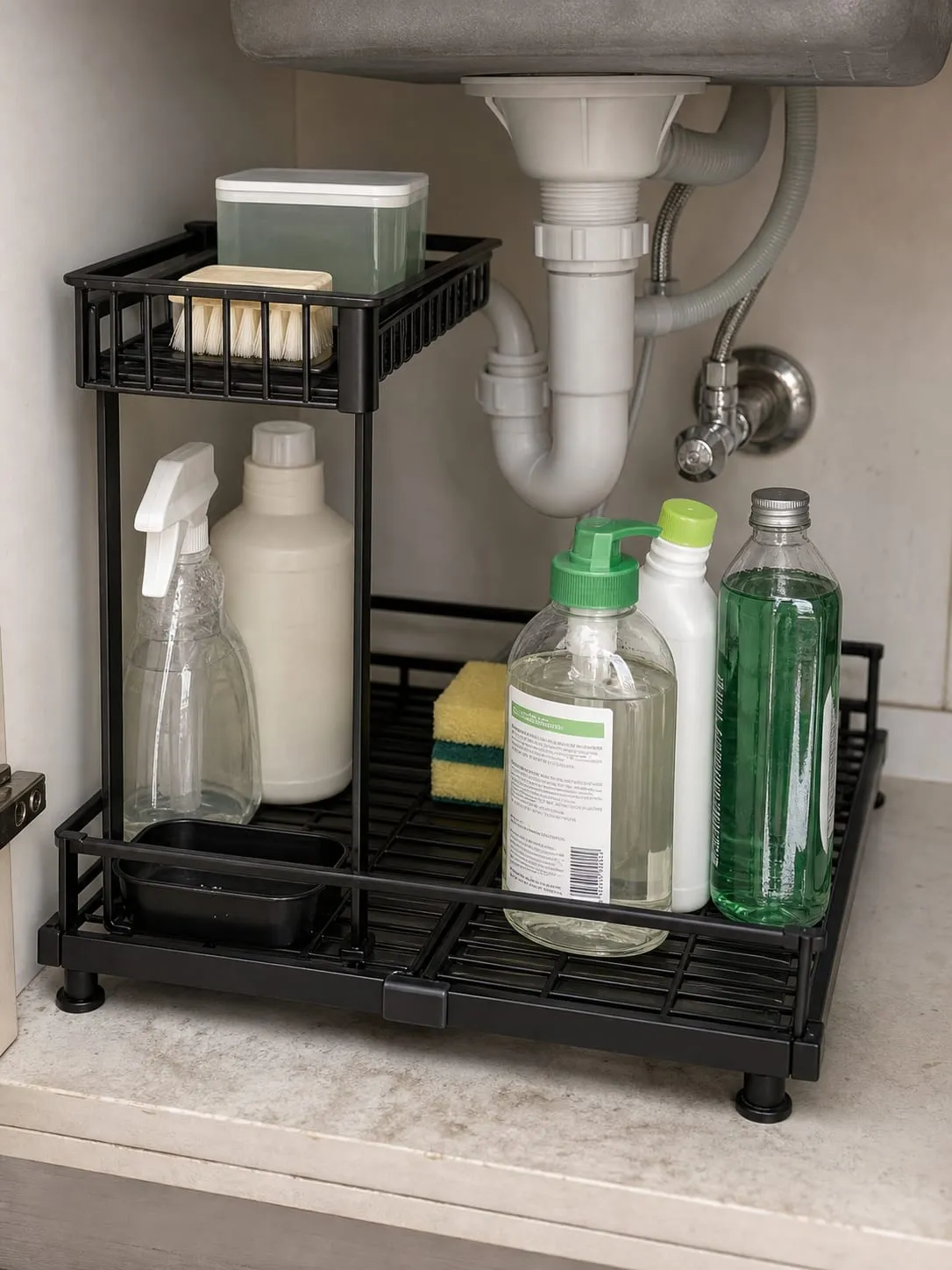 Rack feet, drain pipe clearance, and reachable shutoff valve inside the cabinet